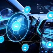 Driverless car interior with futuristic dashboard for autonomous control system . Inside view of cockpit HUD technology using AI artificial intelligence sensor to drive car without people driver .
